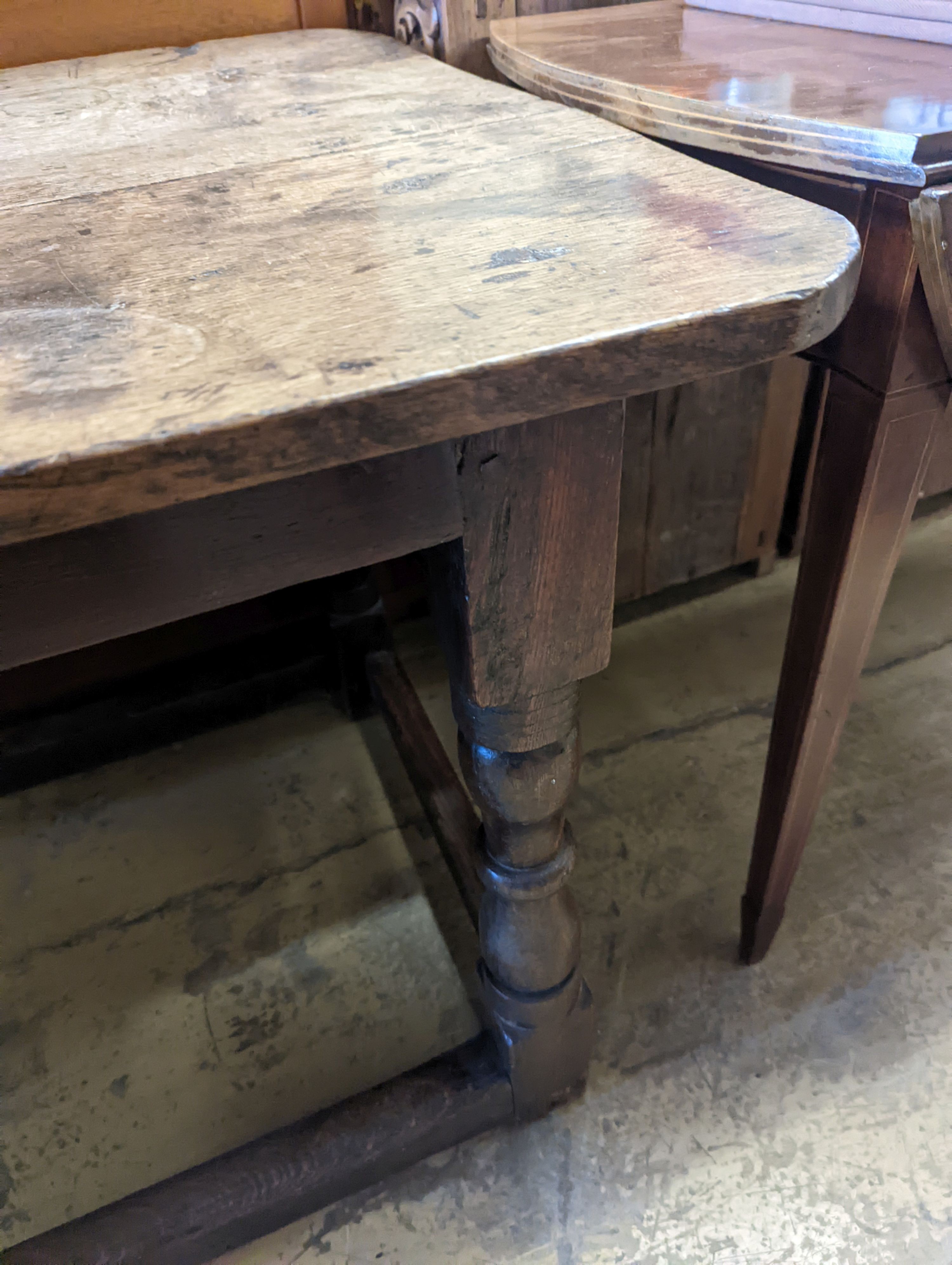 An 18th century and later rectangular oak table, length 121cm, depth 72cm, height 71cm